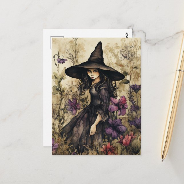 Carte Postale Sorcière Aquarelle Avec Fleurs (Devant/Arrière en situation)