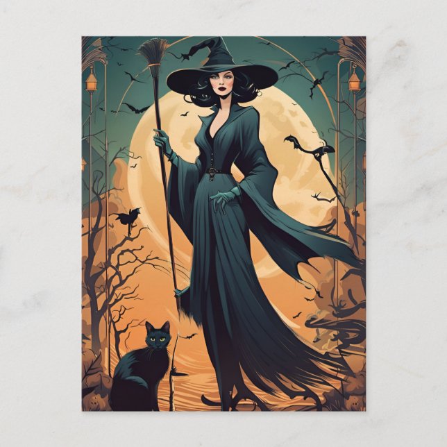 Carte Postale Sorcière Art Déco avec chat noir et Pleine lune (Devant)