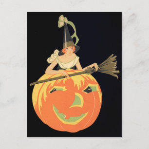 Carte Postale Sorcière Art Déco Jack O Lantern Citrouille Balai