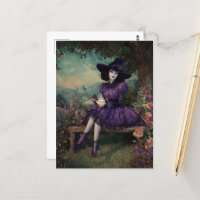 Sorcière avec du thé sur un banc sous un arbre