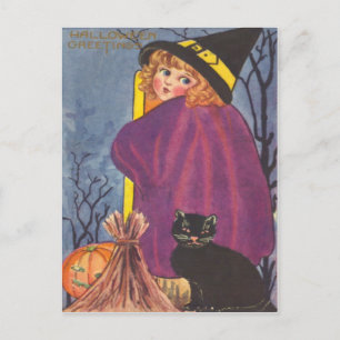 Carte Postale Sorcière Broom Jack-o'-lantern Black Cat Trees