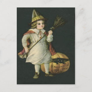 Carte Postale sorcière Broom Jack-o'-lantern Citrouille Chat noi