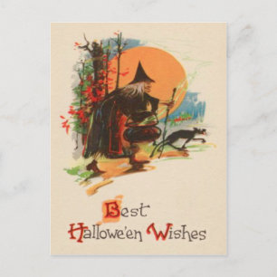Carte Postale Sorcière Cauldron Pleine lune Chat Noir
