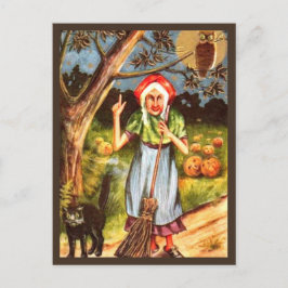 Carte Postale Sorcière, Chat noir et Chouette - Halloween Vintag