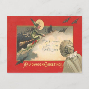 Carte Postale Sorcière Chat Noir Pleine Lune Chauve-Souris Arbre