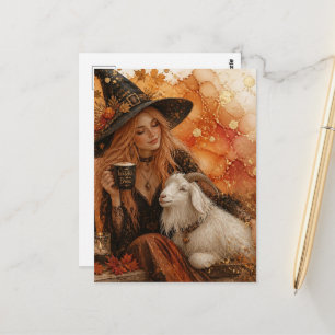 Carte Postale Sorcière d'automne magnifique et chèvre blanche