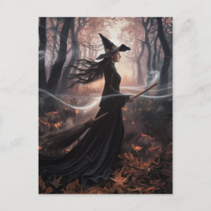 Carte Postale Sorcière de Halloween branchée moderne en forêt