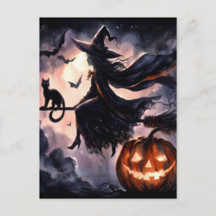 Carte Postale Sorcière d'Halloween avec chambre et chat