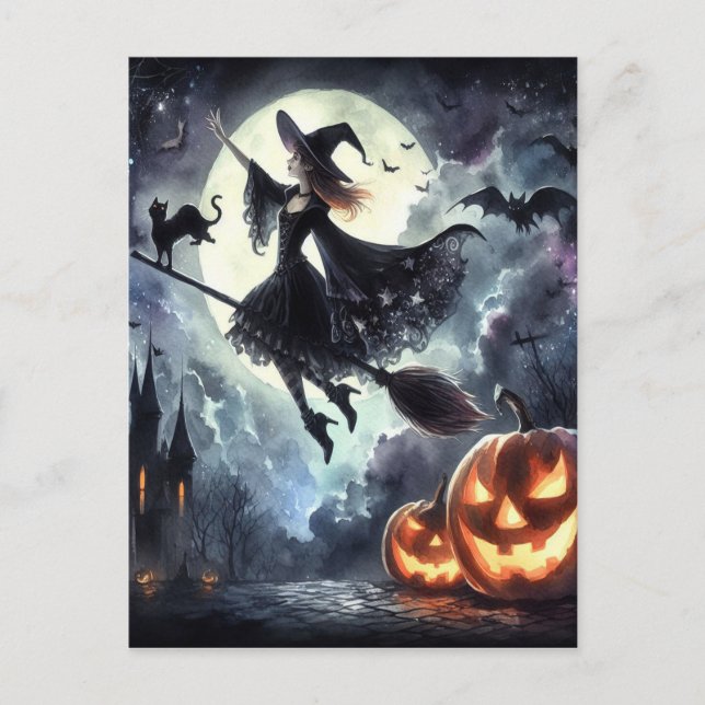 Carte Postale Sorcière d'Halloween avec chambre et chat (Devant)