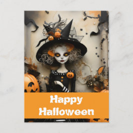 Carte Postale Sorcière d'Halloween avec citrouilles