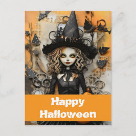 Carte Postale Sorcière d'Halloween avec citrouilles