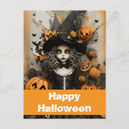 Carte Postale Sorcière d'Halloween avec citrouilles