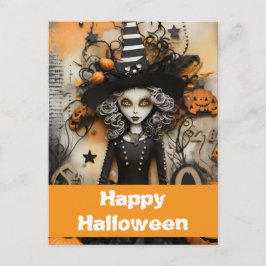 Carte Postale Sorcière d'Halloween avec citrouilles