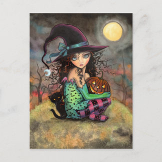 Carte Postale Sorcière d'Halloween Chat Noir et Jack-O-Lantern