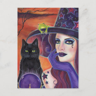 Carte Postale sorcière d'Halloween magique avec chat noir.