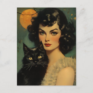 Carte Postale Sorcière d'Halloween vintage tenant un chat noir