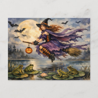 Carte Postale Sorcière d'Halloween volant au-dessus de l'étang a