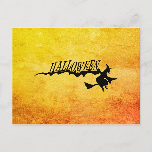 Carte Postale Sorcière d'Halloween volant sur un balai (Devant)