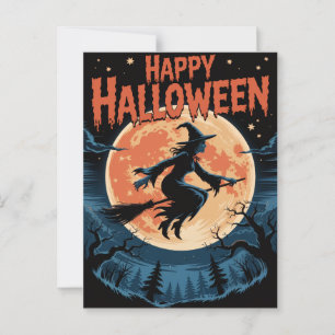 Carte Postale Sorcière Éffrayante d'Halloween traversant une Ple