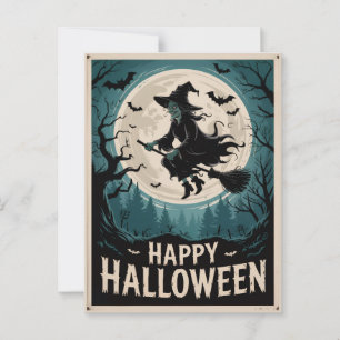 Carte Postale Sorcière Éffrayante d'Halloween traversant une Ple