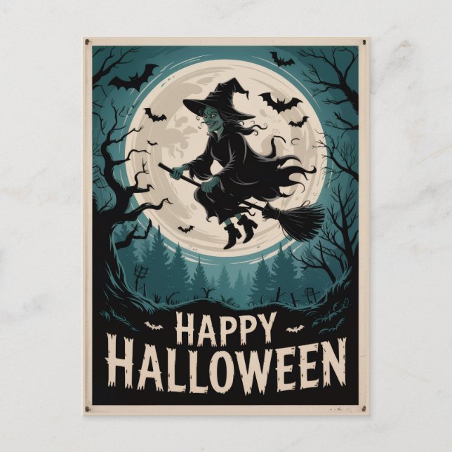 Carte Postale Sorcière Éffrayante d'Halloween traversant une Ple (Devant)