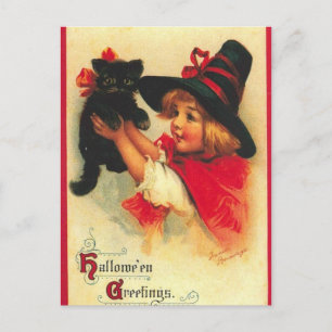 Carte Postale Sorcière Enfant vintage Et Chat Noir