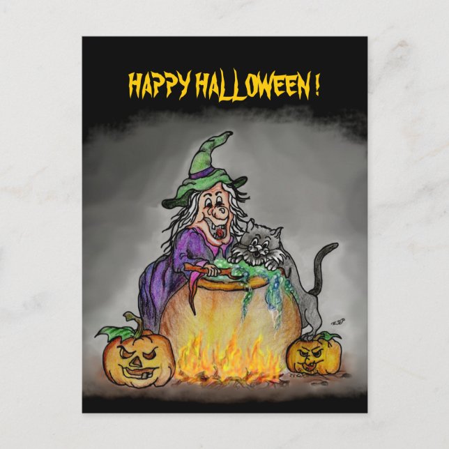 Carte Postale Sorcière et chat, Joyeux Halloween ! (Devant)
