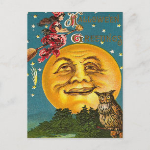 Carte Postale Sorcière et Pleine lune d'Halloween vintage