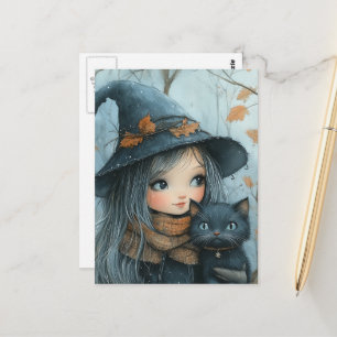 Carte Postale Sorcière et son chat en hiver