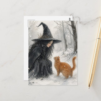 Carte Postale Sorcière fantastique et chat roux dans la forêt hi