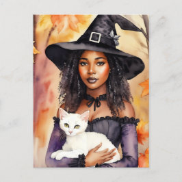 Carte Postale Sorcière Femme Noire Avec Chat Aquarelle Automne