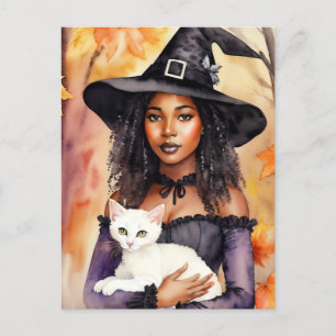 Carte Postale Sorcière Femme Noire Avec Chat Aquarelle Automne