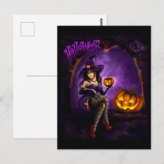 Carte postale sorcière Halloween (Devant / Derrière)