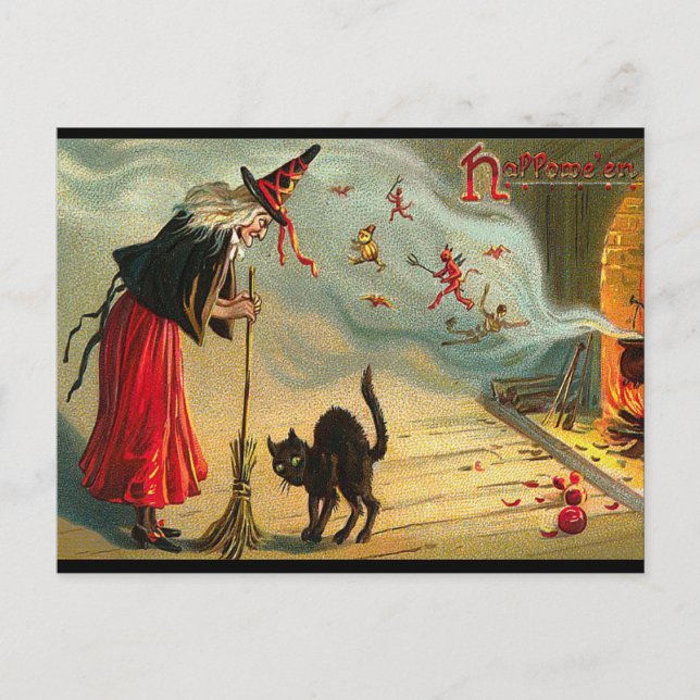 Carte Postale Sorcière Halloween, Chat noir, Broom (Devant)