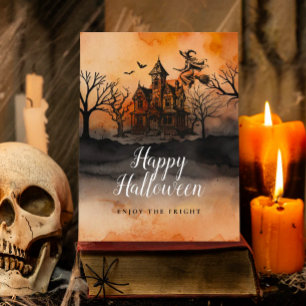 Carte Postale Sorcière Méchante Orange Maison Hantée Halloween