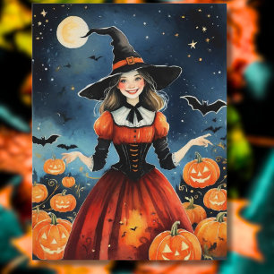 Carte Postale Sorcière mignonne d'Halloween des années 1940