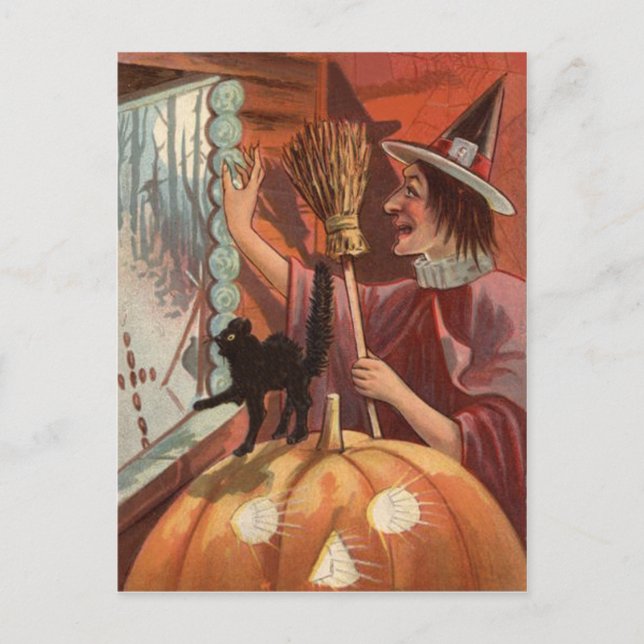 Carte Postale Sorcière noir Chat Jack-o'-lantern Citrouille (Devant)