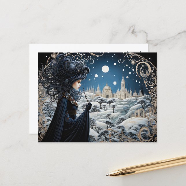 Carte Postale Sorcière Raven-Haired Nouveau (Fantasy postcard of beautiful witch done in the art noveau style.)