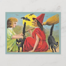 Carte Postale Sorcière rouge vintage d'Halloween avec chauves-so
