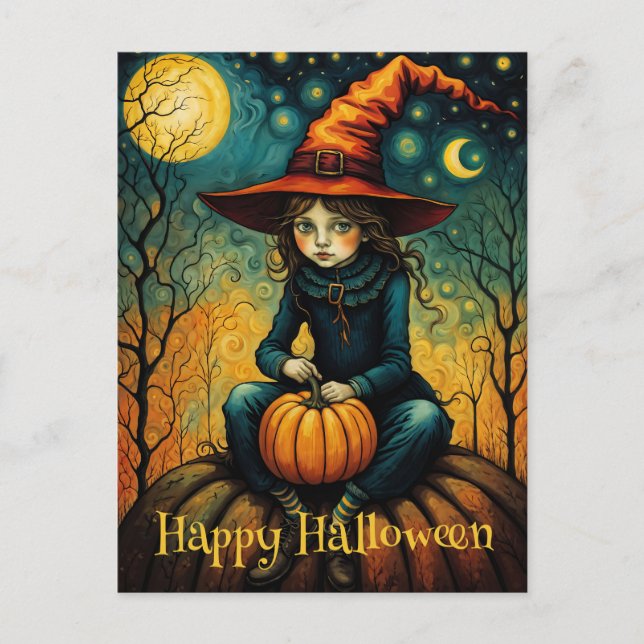 Carte Postale Sorcière S'Asseoir Sur Un Halloween Citrouille (Devant)
