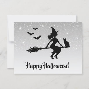 Carte Postale Sorcière Sur Un Broom Silver Grey Et Black Hallowe