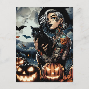Carte Postale Sorcière tatouée avec chat noir et Pleine lune