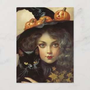 Carte Postale Sorcière vintage et chat noir Jack-o'-lantern