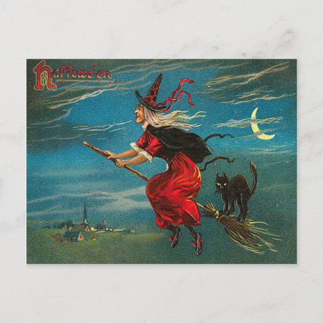 Carte Postale Sorcière Volant Chat noir Crescent Lune (Devant)