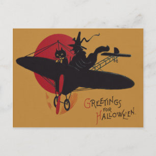 Carte Postale Sorcière volante Chat noir Avion Pleine lune