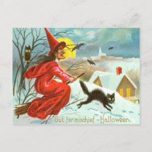 Carte Postale Sorcière volante Chat noir Chouette Chauve Neige d