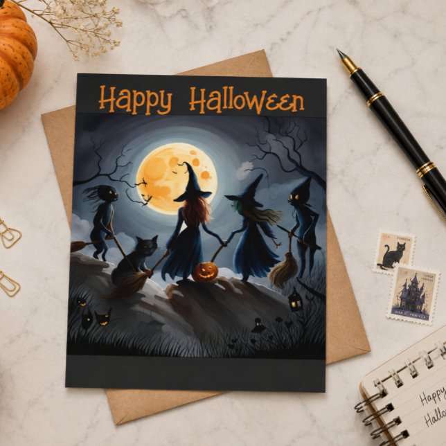 Carte Postale Sorcières Fantaisistes Chats Noirs Pleine Lune Vin (Créateur téléchargé)