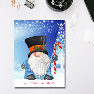Carte Postale Souhaits d'hiver Noël Gnome Bleu et Blanc