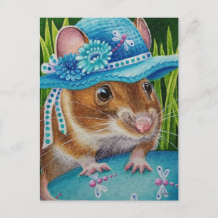 Carte Postale Souris à Bonnet Trouvé Oeuf Bleu Aquarelle Art