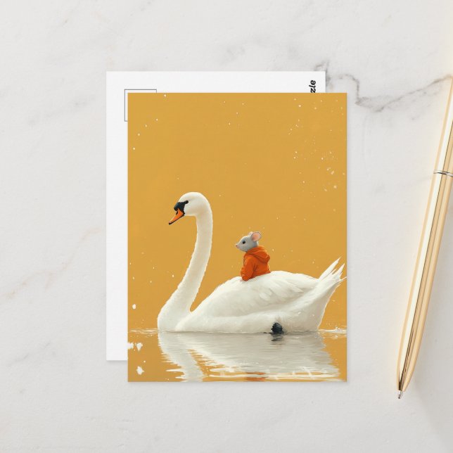 Carte Postale Souris accroche un tour sur un cygne (Devant/Arrière en situation)